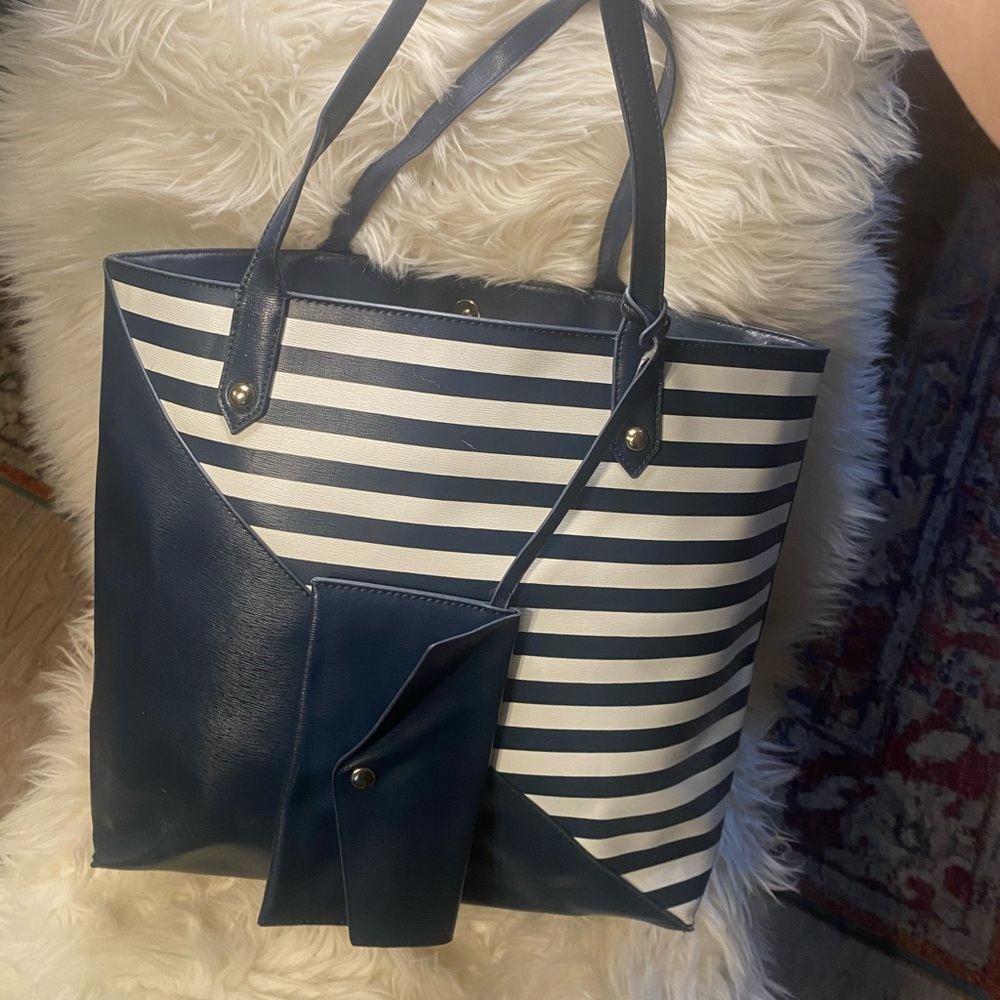 Blue and White Striped Tote Bag with Removable Pouch
